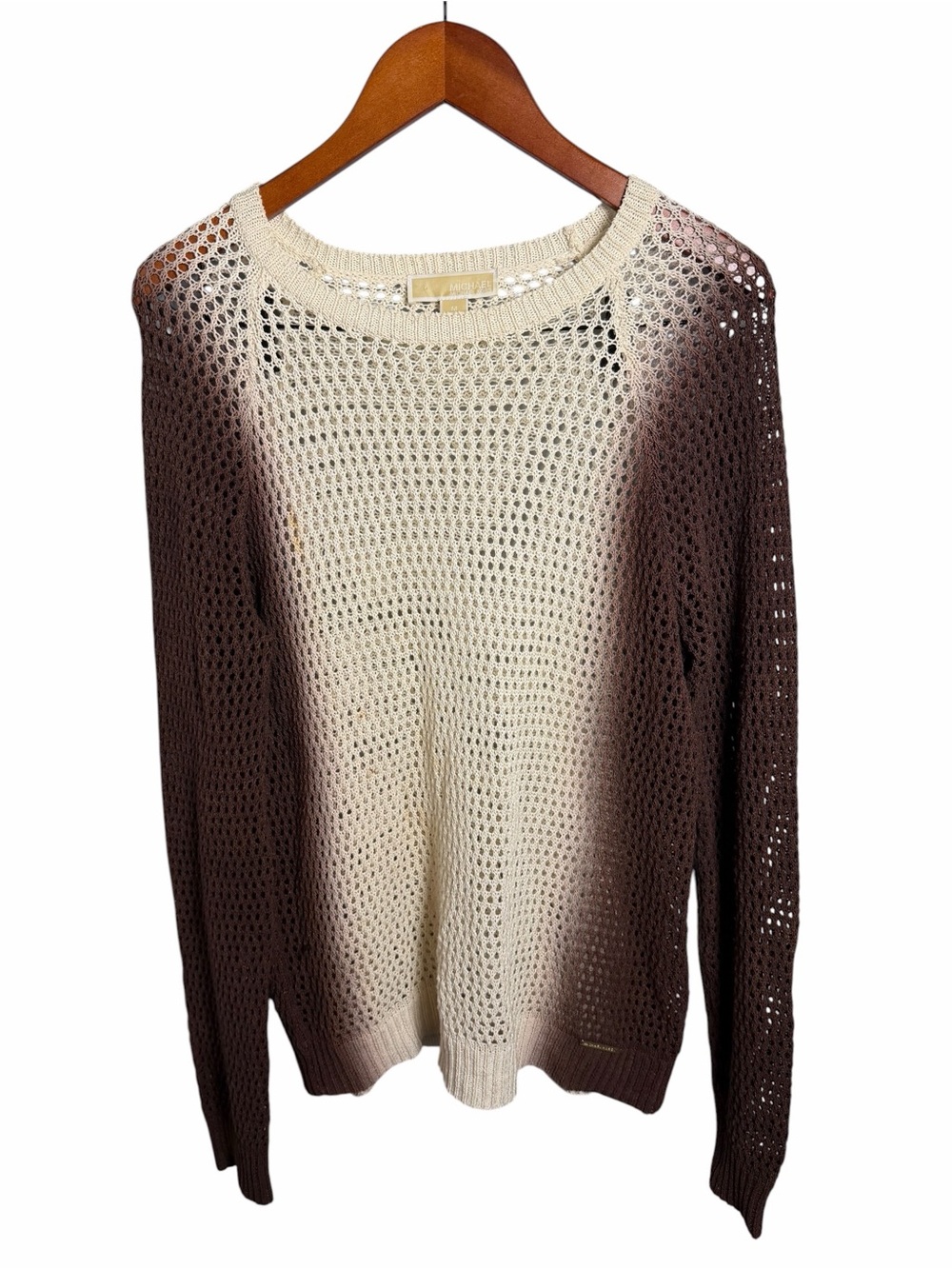 Michael Kors Cream and Brown Open-Knit Sweater with Gold Logo - Picture 2 of 6